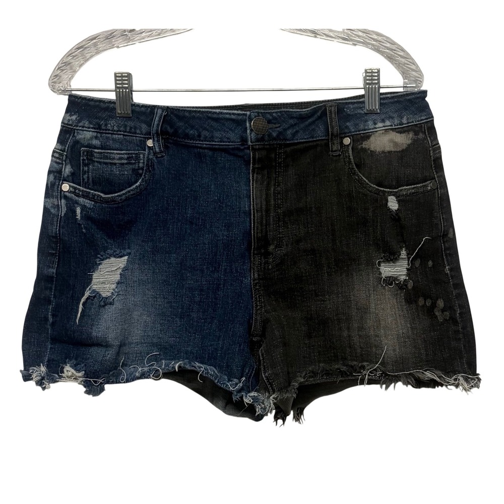 Cabi Jeans Womens 8 Two Tone Distressed Denim Shorts Split Black Blue 5987